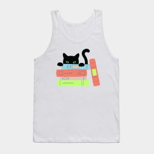 Funny Cute Kawaii Anime Book Reading Bookworm Peeking Cat Tank Top